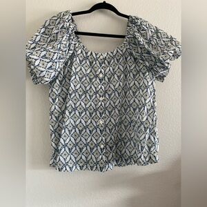 Caslon Top Blouse Puff Sleeve Geometric Print Blue Organic Cotton Cottage Core